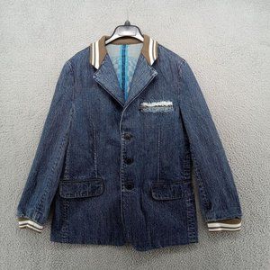 Bear‎ USA Jacket Mens 38R Blue Jean Denim Button Up Distressed Retro Blazer Y2K